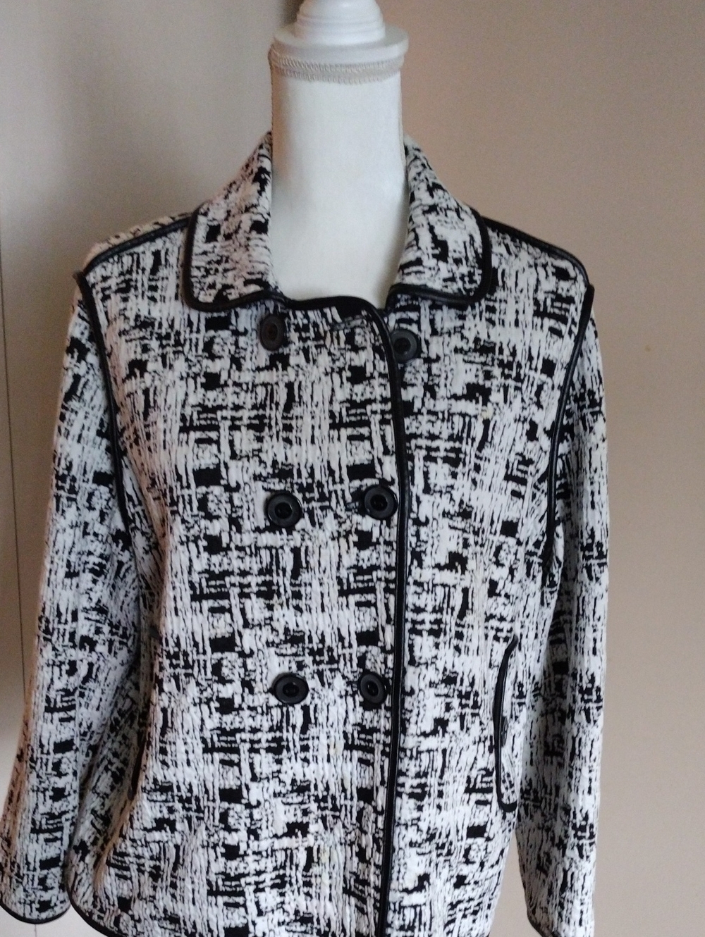 Chico's Black and White Textured Double-Breasted Pea Coat with Contrast Piping
